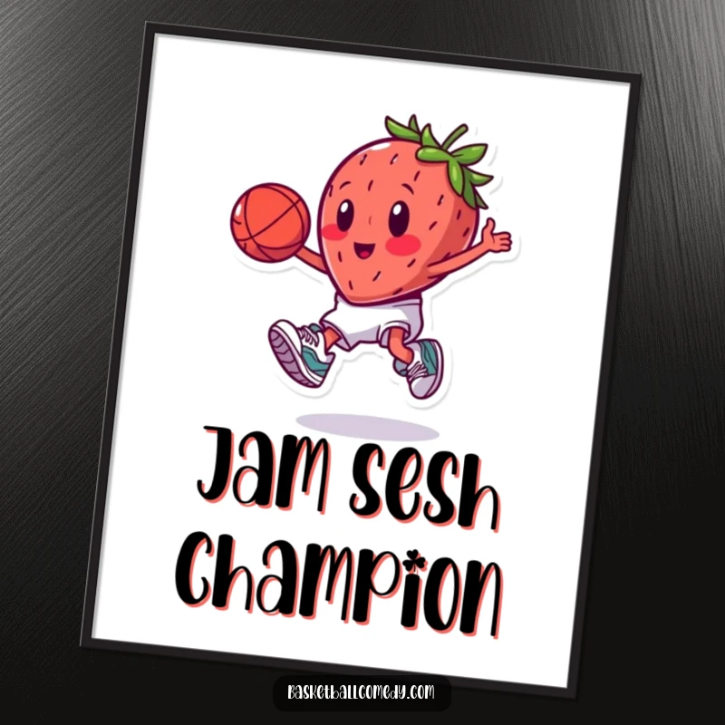 Funny cartoon strawberry wearing sneakers, performing a slam dunk, perfect for humorous wall art gift.