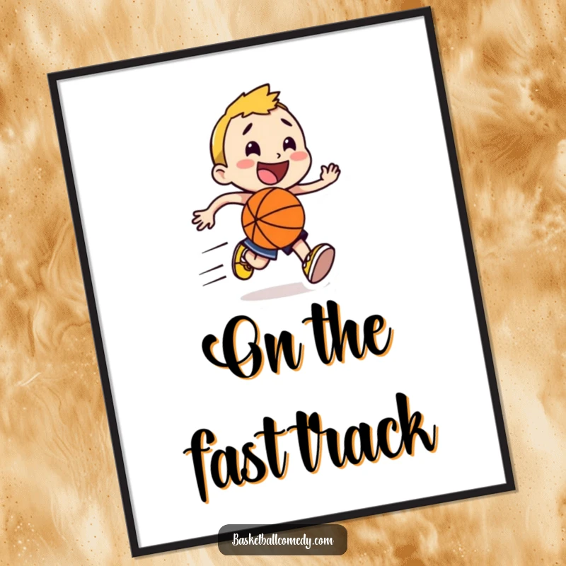 Funny happy character dashing with a basketball, speed lines emphasizing motion, presented as a poster for humorous sports decor.