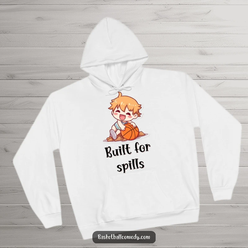 Funny hoodie depicting a cute Kawaii character in a dramatic, funny fall over a basketball, grinning from the heap.