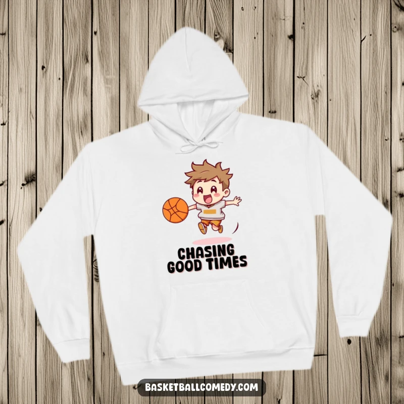 Funny Basketball Chaser Hoodie: Cute character energetically chasing a bouncing basketball, cozy and full of lively spirit.