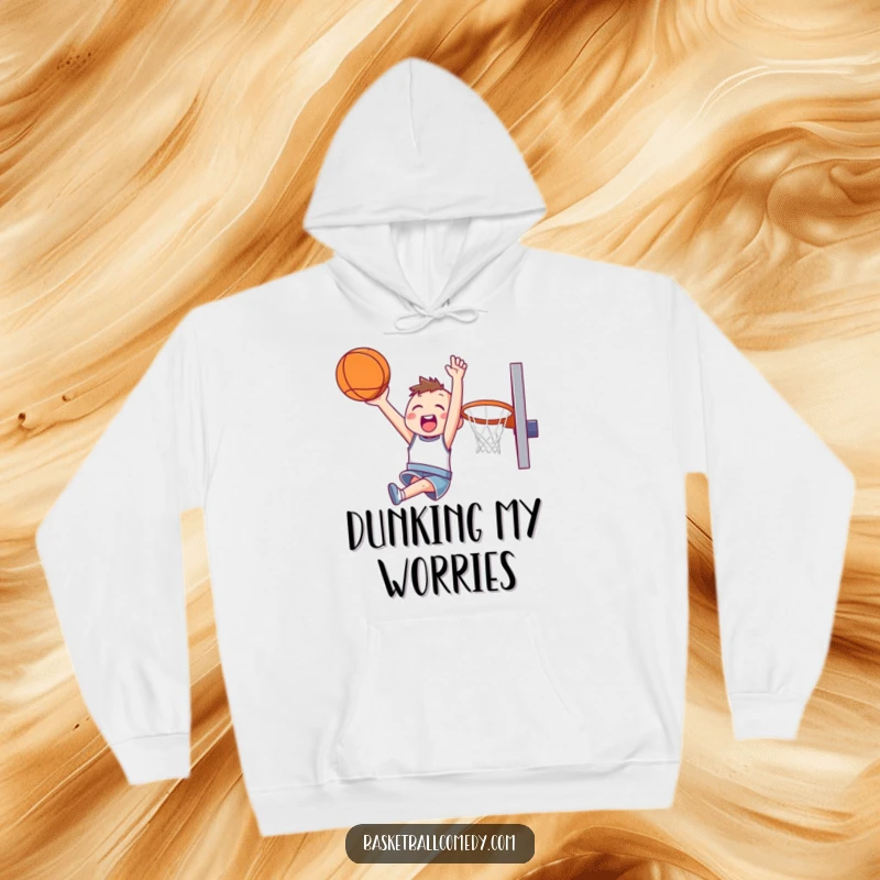 Funny hoodie featuring a cute character happily soaring through the air, attempting a slam dunk with infectious joy and energy.