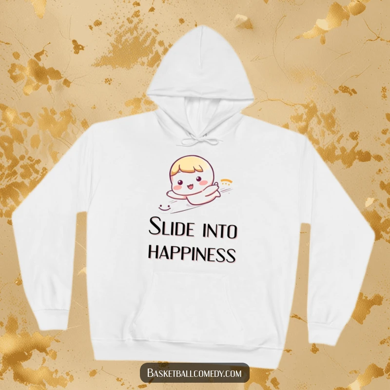 Funny hoodie with a cute character sliding dramatically, leaving a trail of smiley faces, offering cozy humor and comfort.