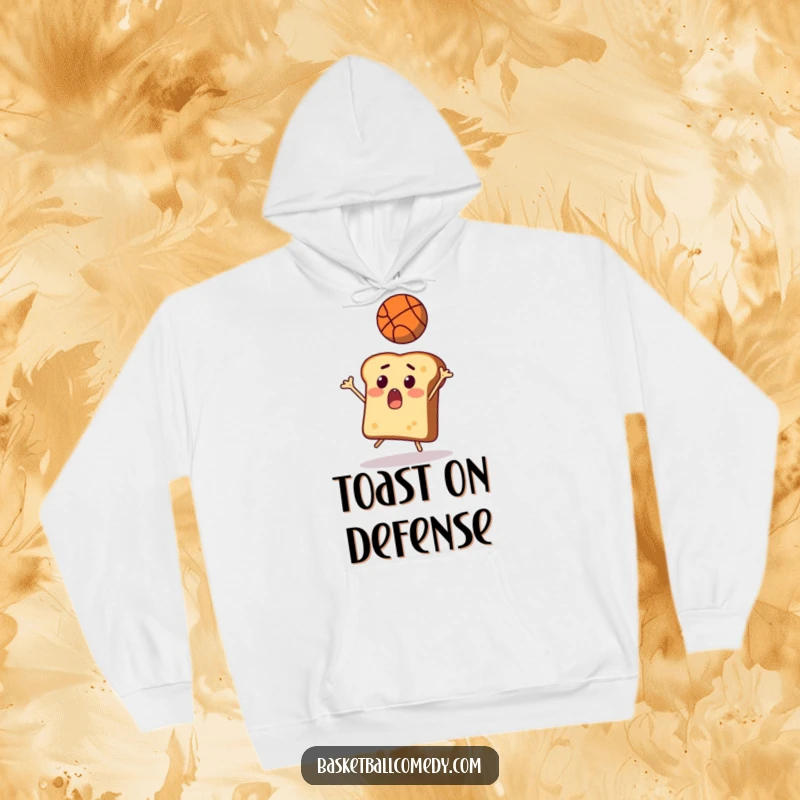 Funny toast hoodie, a surprised slice of bread comically trying to intercept a basketball, combining comfort and humor.