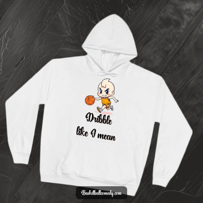 Warm funny hoodie featuring a cute character with a determined expression dribbling a basketball, perfect for athletes and fans.