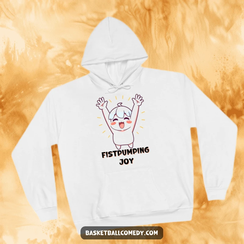 Funny hoodie featuring a cute character excitedly cheering with both arms raised high, offering cozy celebration and warmth.