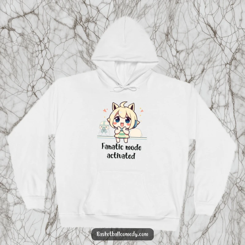 Funny hoodie featuring an excited character with clasped hands, cheering fervently during a game, designed for ultimate fan comfort.