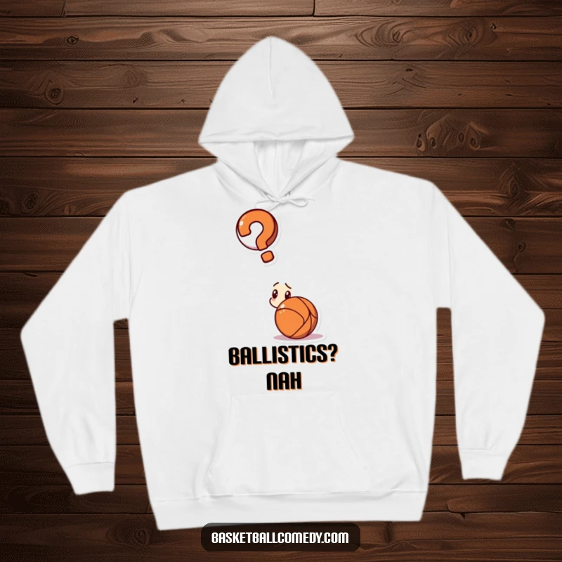 Funny hoodie depicting a confused character with a giant question mark above their head, looking at a basketball.
