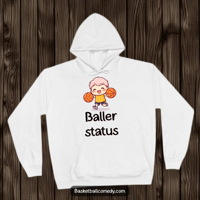 Funny hoodie featuring a character skillfully dribbling two basketballs simultaneously, radiating confidence and exceptional talent.