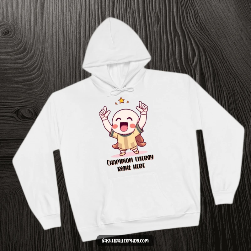 Funny hoodie showcasing a victorious character with arms up in triumph, arms raised in celebration, perfect for feeling like a winner.