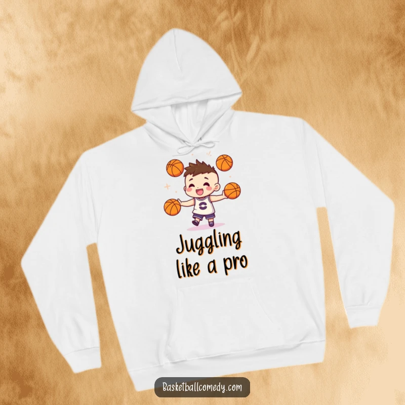 Funny hoodie featuring a cute character juggling three miniature basketballs with impressive dexterity and a confident, stylish demeanor.