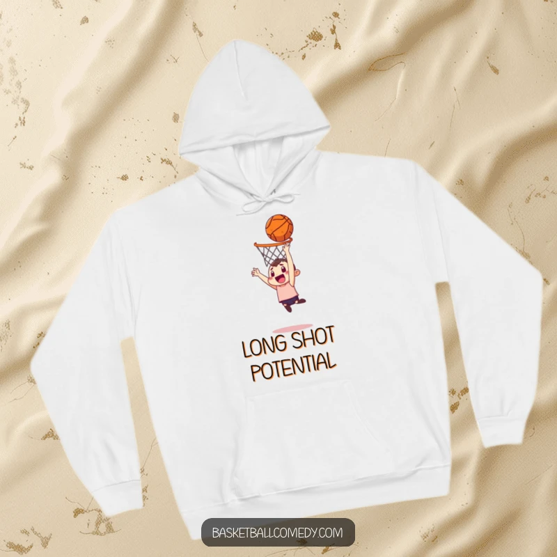 Funny hoodie showcasing a determined character attempting a near-impossible basketball dunk from afar, great for humor lovers.