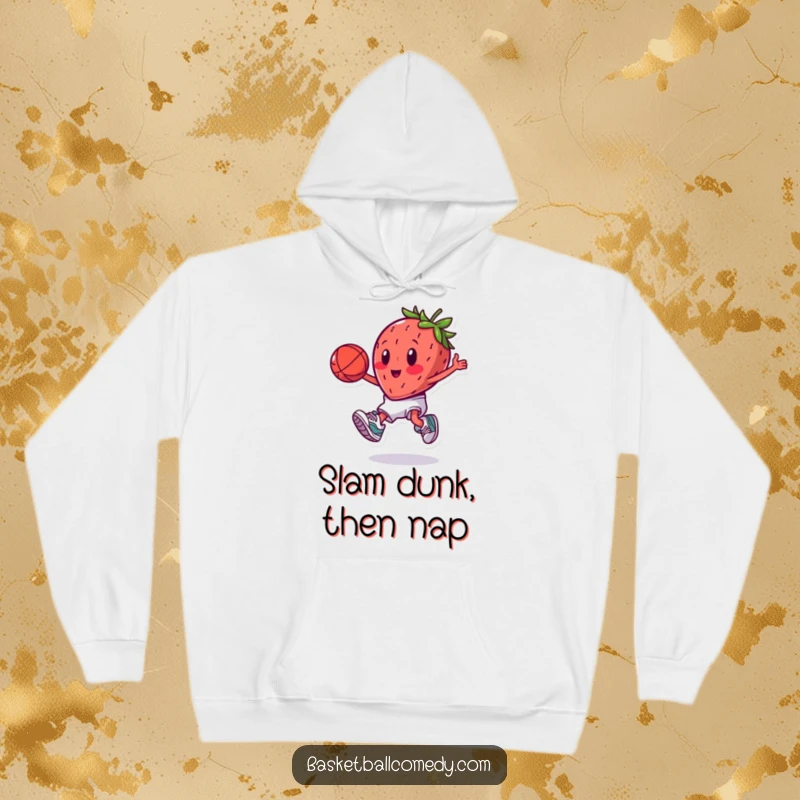 Funny cartoon strawberry wearing sneakers, executing a slam dunk, perfect for a humorous and cozy gift.