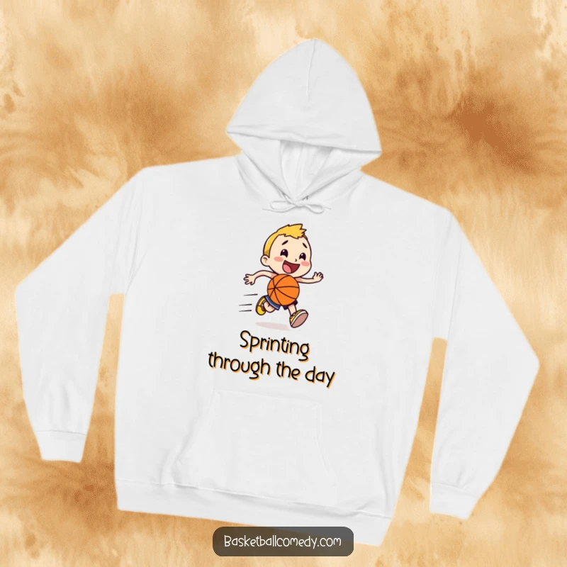 Funny happy character mid-run with a basketball, speed lines indicating motion, featured on a cozy hoodie for a humorous athletic vibe.