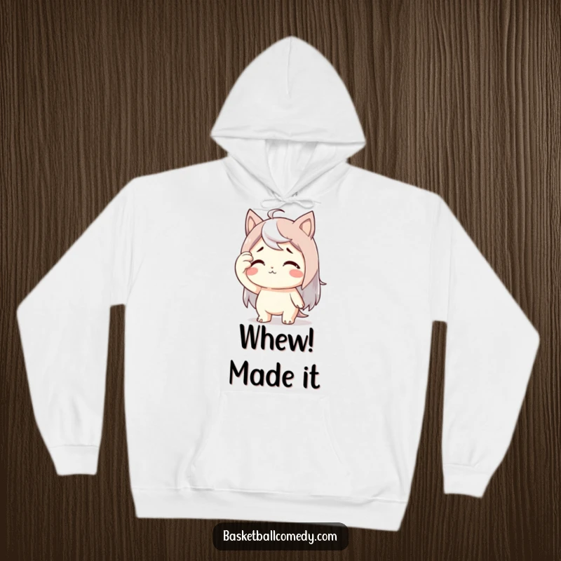 Funny hoodie featuring a cute character wiping sweat from its brow with exaggerated relief, symbolizing a profound sense of accomplishment.