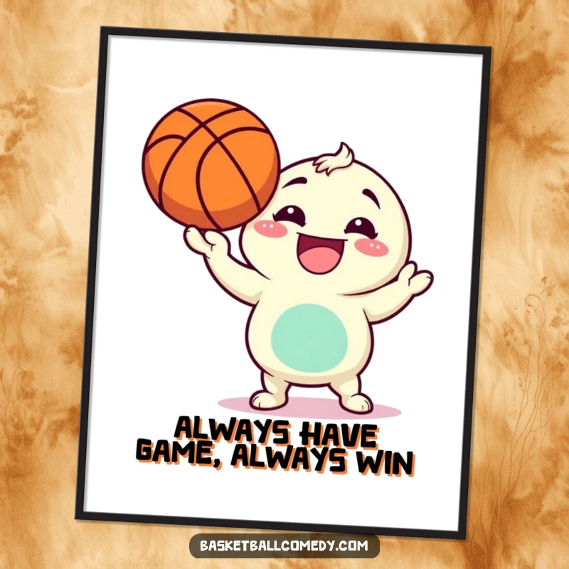 Funny free printable wall art featuring a grinning character masterfully spinning a basketball on their finger.