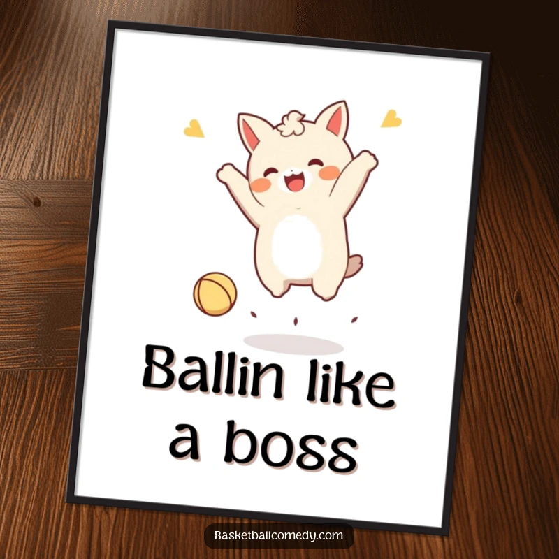 Free Printable Wall Art: Kawaii character captured mid-air, joyfully celebrating a dunk with a tiny ball, dynamic and athletic.