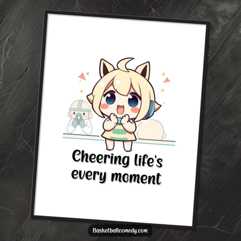 Funny Free Printable Wall Art: Character glued to a game, cheering with clasped hands in pure excitement.