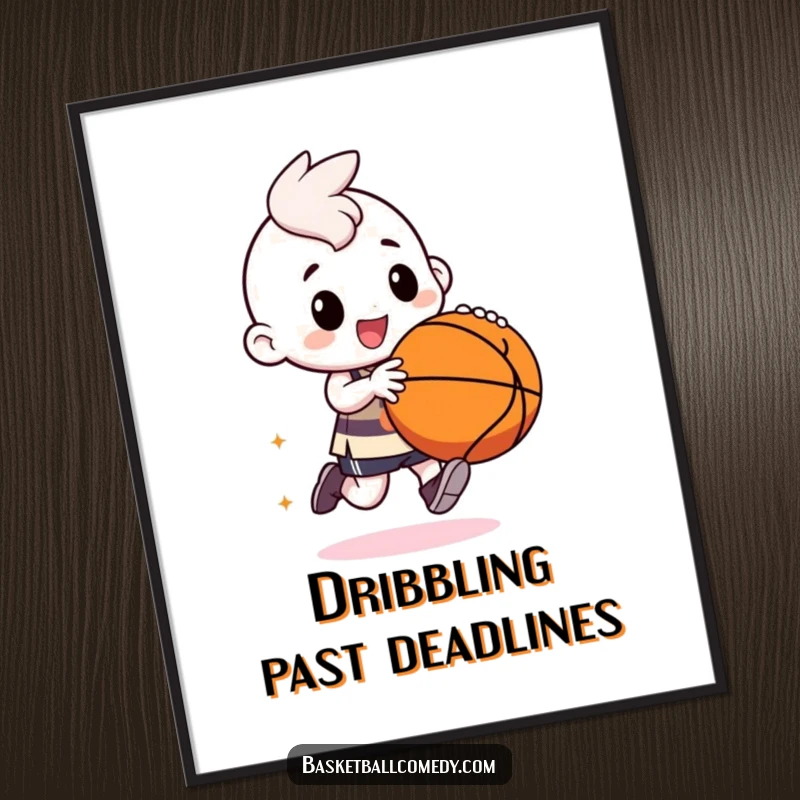 Funny Free Printable Wall Art: Kawaii character gleefully dribbling a large, bouncy basketball with over-the-top, hilarious movements and a big grin.