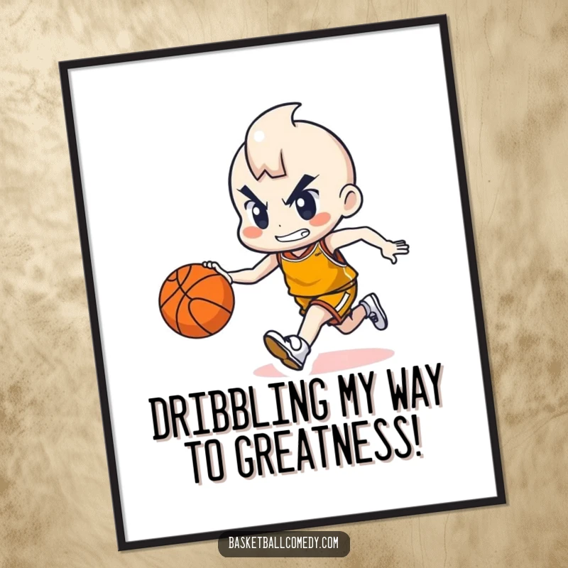 Funny Free Printable Wall Art: Cute character focused on dribbling a basketball, conveying determination with every bounce.