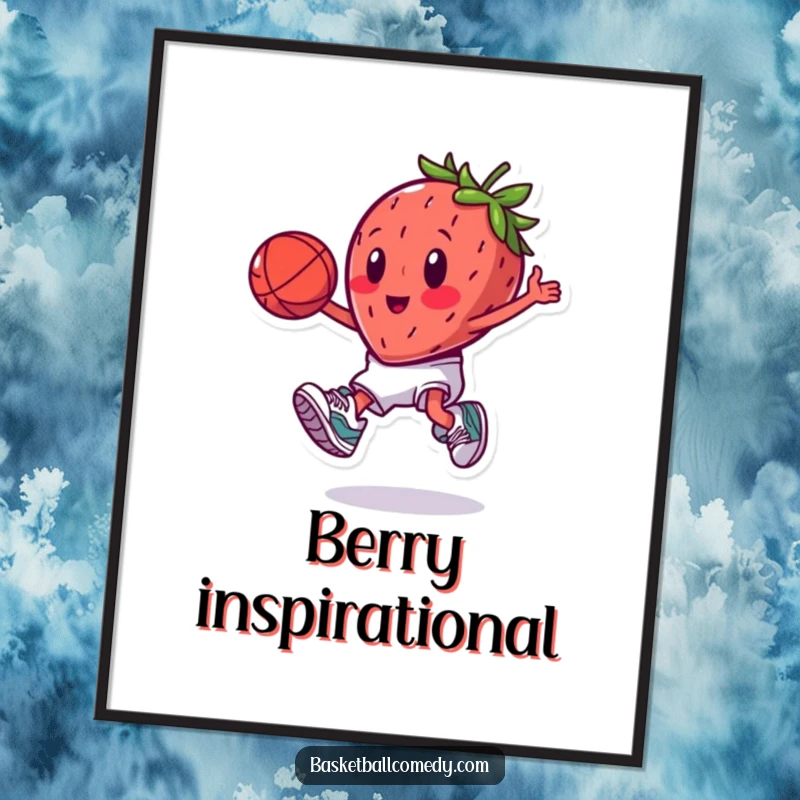 Funny Free Printable Wall Art: An athletic strawberry wearing sneakers, captured mid-slam dunk, bringing sporty fun.