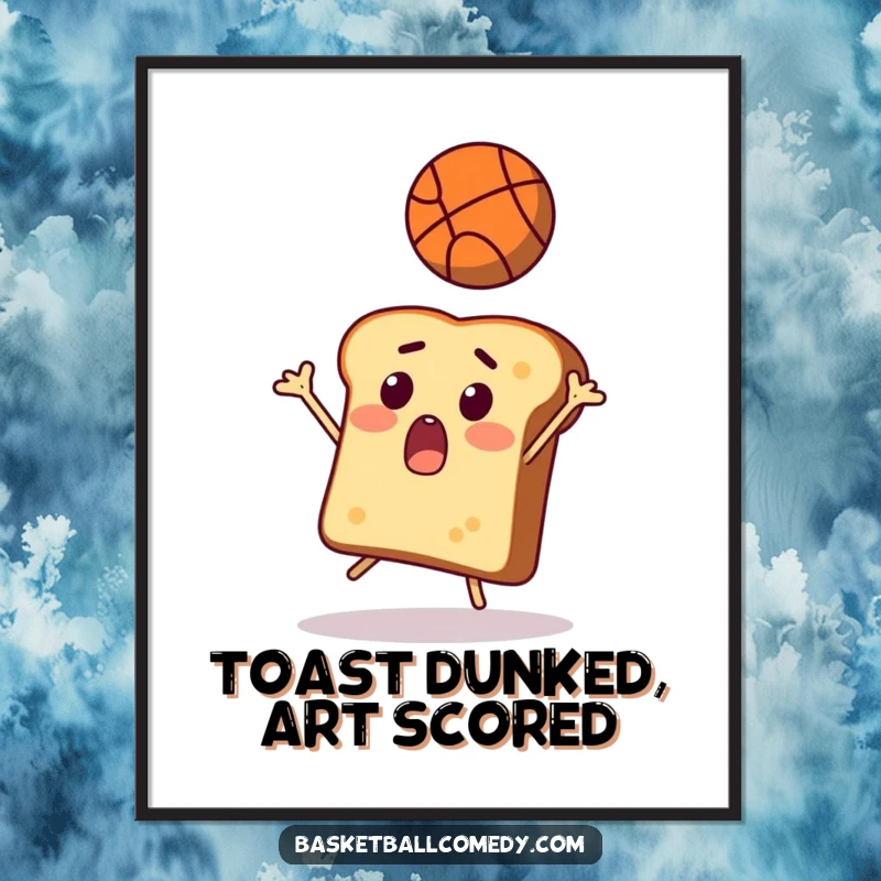 Funny Free Printable Wall Art: A surprised slice of toast comically stretches to catch a speeding basketball.
