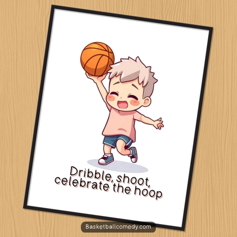 Funny Free Printable Wall Art of a character doing a ridiculously silly dance while holding a basketball, bringing cheer.