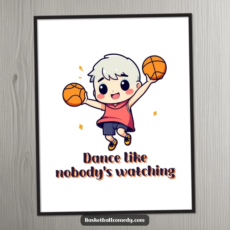 Funny Free Printable Wall Art: A character does a silly dance holding a basketball. Energetic and fun downloadable decor.
