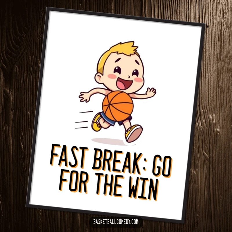 Funny Free Printable Wall Art: A happy character in full sprint with a basketball, speed lines trailing behind them.