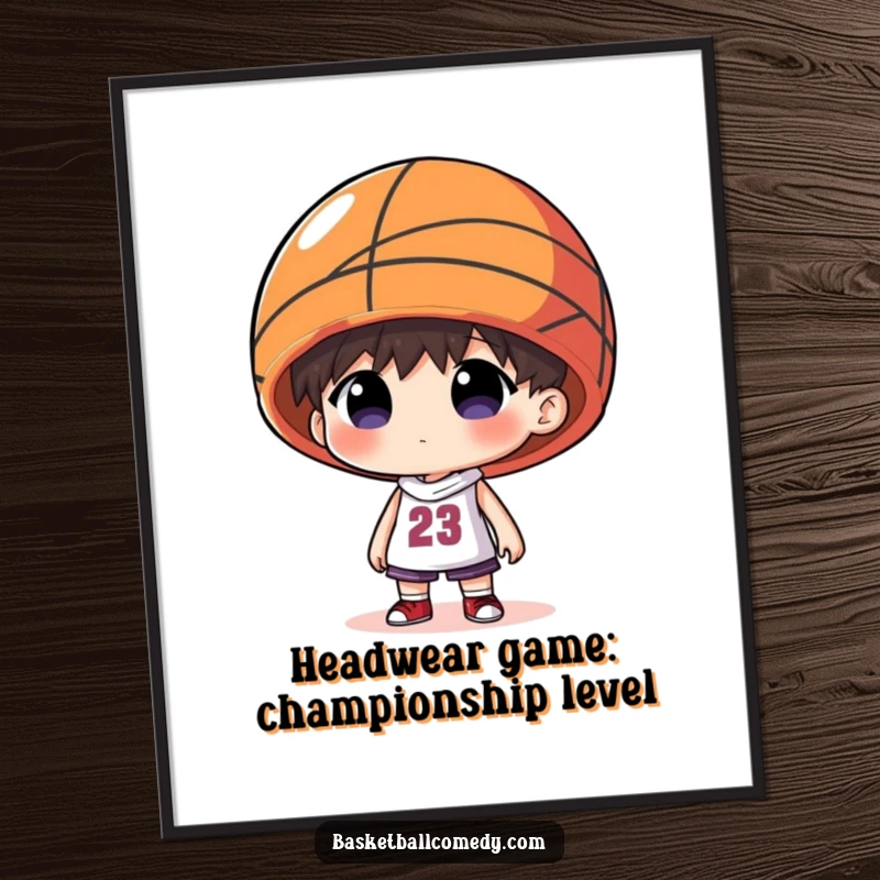 Funny Free Printable Wall Art: A character humorously wears an oversized basketball as a hat, creating quirky decor.