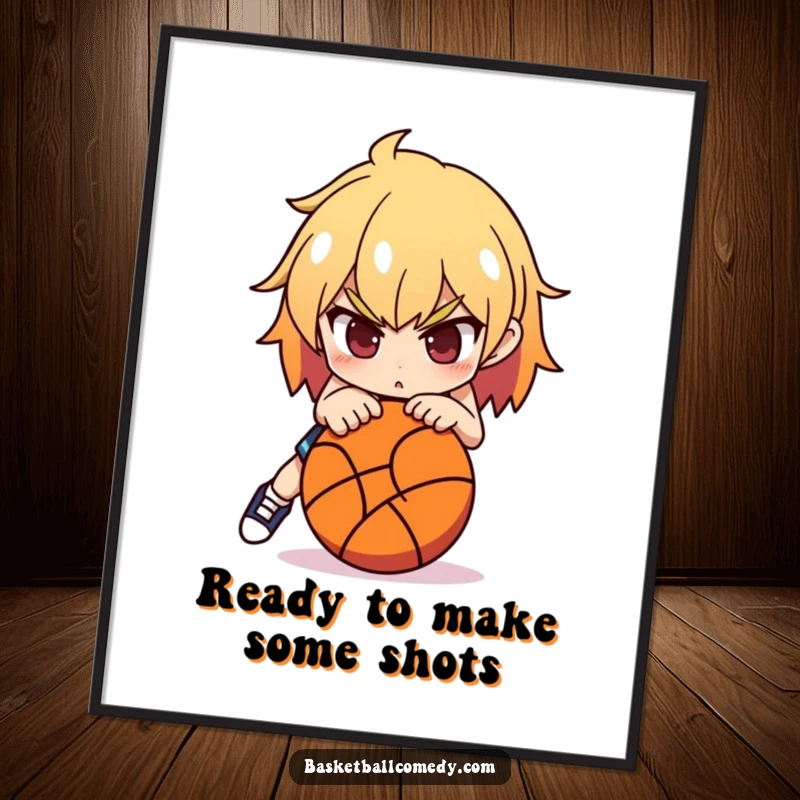 Funny Free Printable Wall Art: a determined character leaning intensely over a basketball, ready to make the perfect shot.