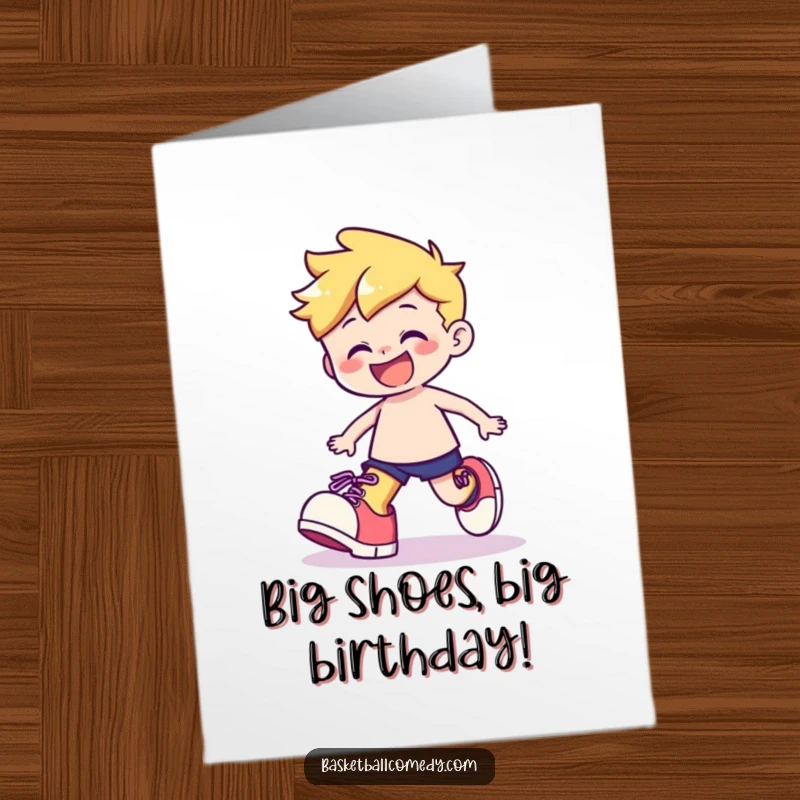 Funny Free Printable Birthday Card: Cute character in oversized shoes stumbles playfully with a big grin.