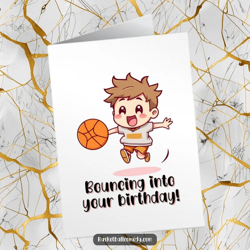 Funny Free Printable Birthday Card: Kawaii character energetically chasing a bouncing basketball with sheer excitement.