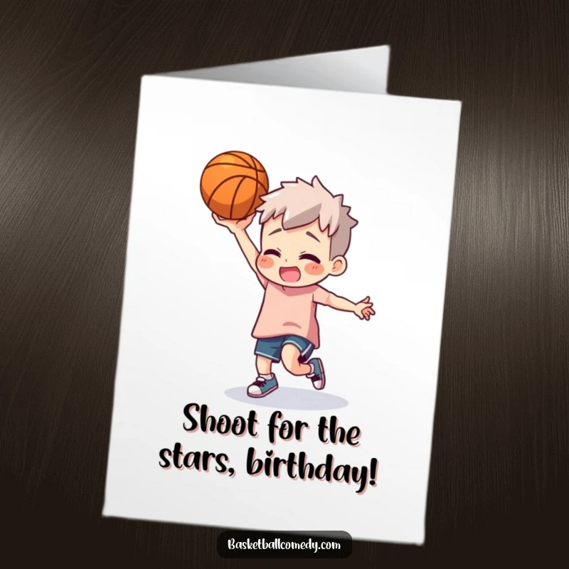 Funny Free Printable Birthday Card showing a character doing a hilarious silly dance while holding a basketball.