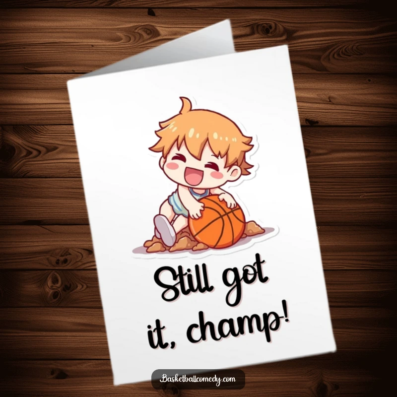 Funny Free Printable Birthday Card: Kawaii character hilariously trips over a basketball, landing in a heap with a goofy grin.