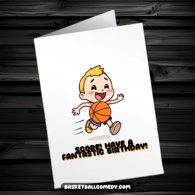 Funny Free Printable Birthday Card: Happy character running with a basketball, leaving speed lines for a dynamic birthday wish.