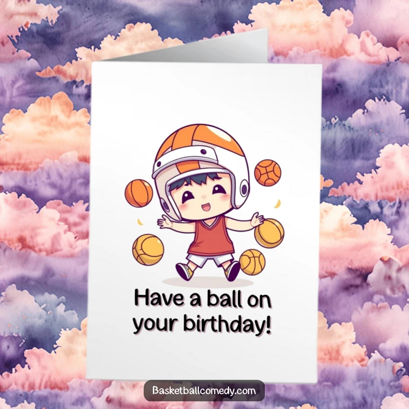 Funny Free Printable Juggling Basketball Birthday Card: Character in helmet juggles balls, energetic and humorous birthday greeting, print at home.