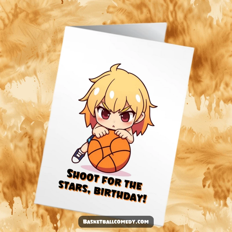 Funny Free Printable Birthday Card: a determined character leaning over a basketball, poised to shoot with intensity.