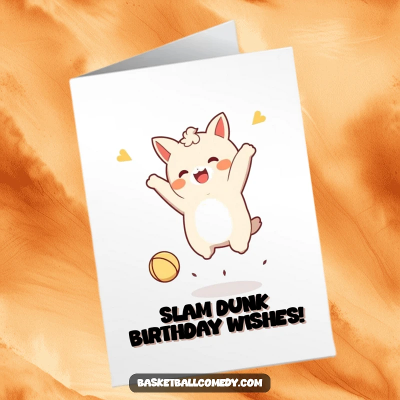Free Printable Birthday Card: Kawaii character joyfully jumping after a successful dunk of a tiny ball, celebrating a win.