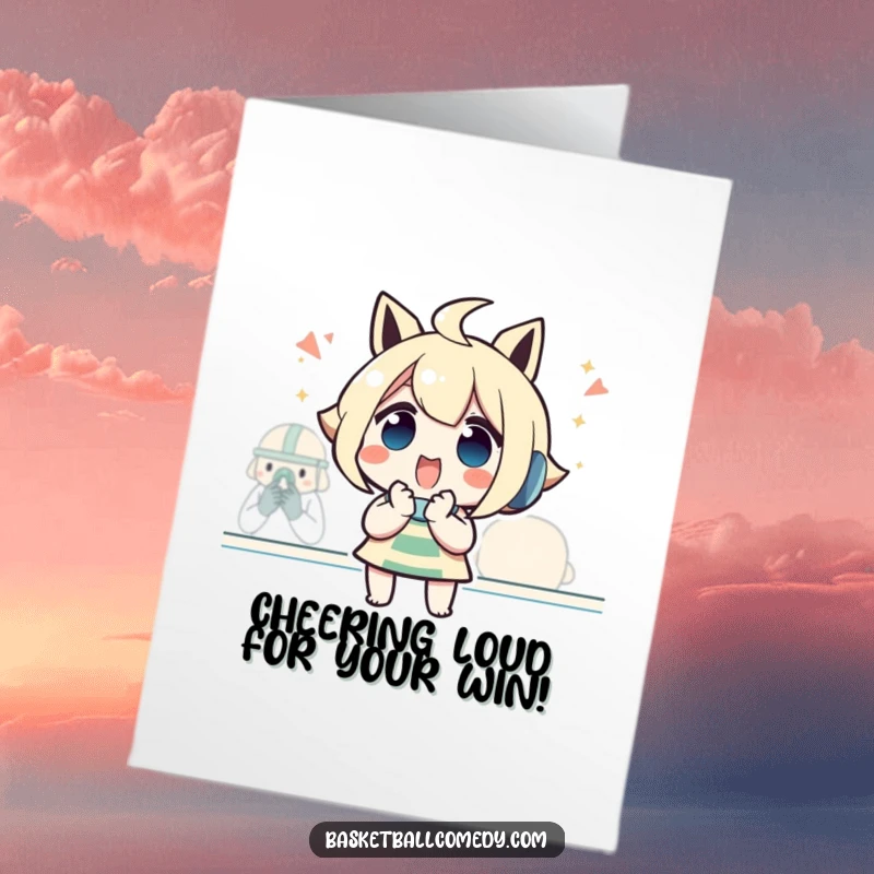 Funny Free Printable Congratulations Card: A character cheering intensely with clasped hands, celebrating a victory.