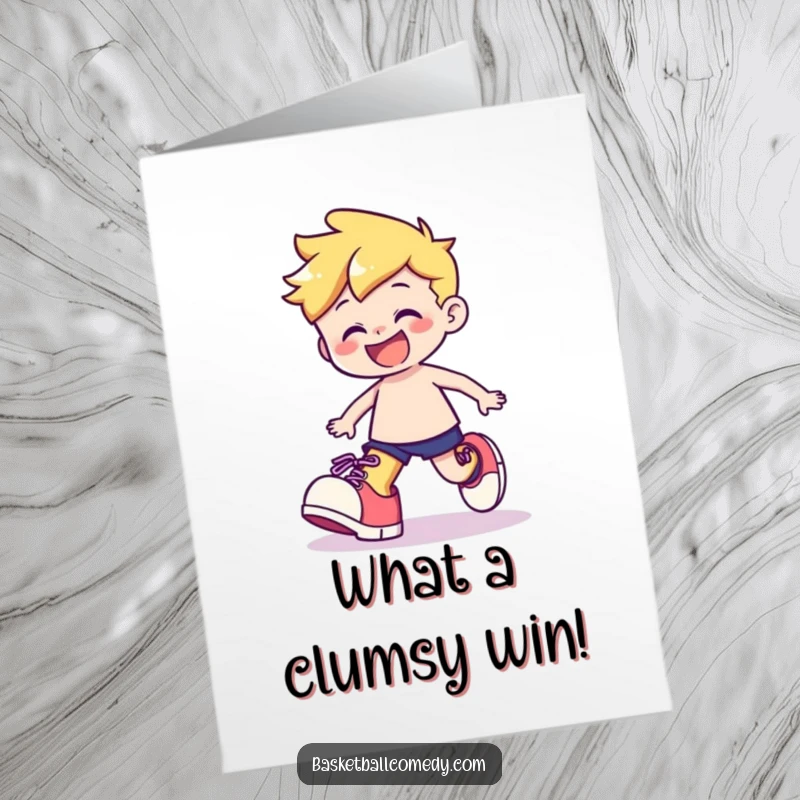 Funny Free Printable Congrats Card: Cute character wearing oversized shoes stumbles happily, celebrating an achievement.