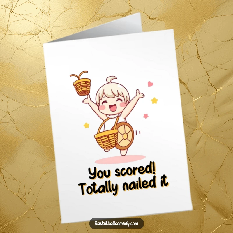 Funny Free Printable Congratulations Card: Cute character performing a celebratory cartwheel, a dynamic and humorous downloadable design.