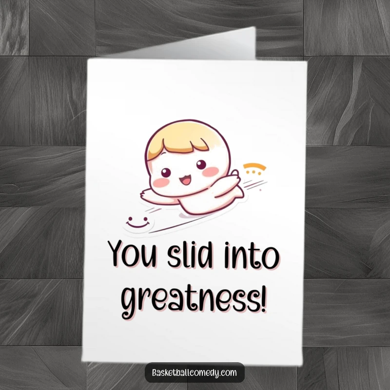 Funny Free Printable Congrats Card: Cute character slides with a trail of smiley faces, celebrating achievement.