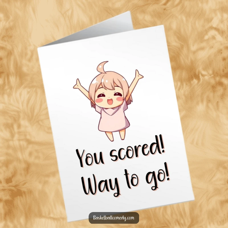 Funny Free Printable Congrats Card: A character joyfully throws arms up after a perfect basketball swish, celebrating success.
