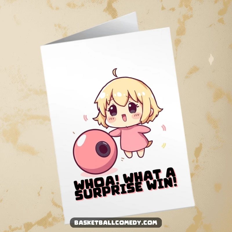 Funny Free Printable Congratulations Card: Cute character comically surprised by a fast-moving, bouncing ball, a humorous downloadable design.