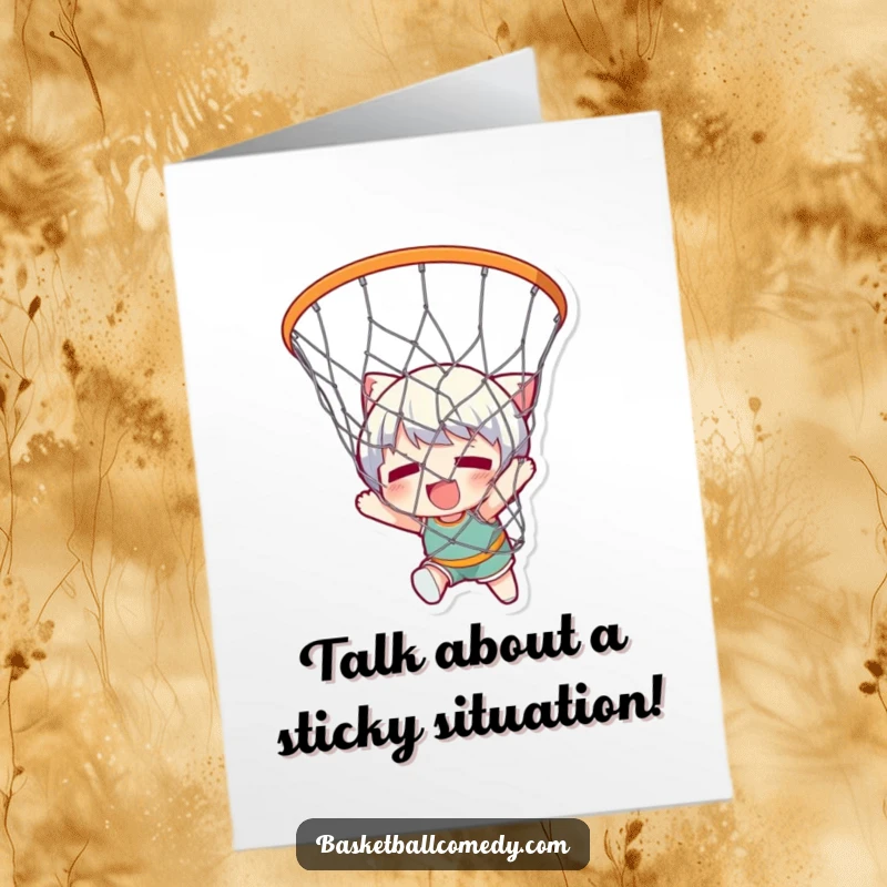 Funny Free Printable Congratulations Card: Cute character hilariously entangled in a basketball net, a relatable and humorous design.