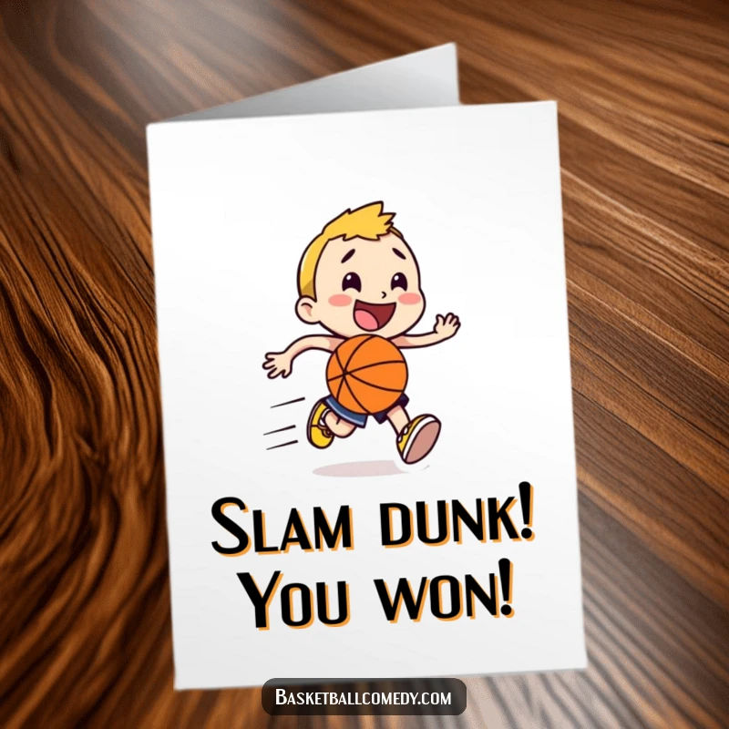 Funny Free Printable Congratulations Card: A happy character dribbling a basketball with speed lines, celebrating a win.