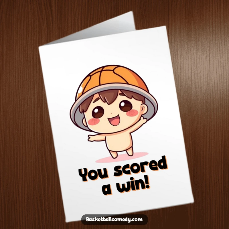 Funny Free Printable Congrats Card: Character playfully wearing a basketball as a hat, celebrating success.