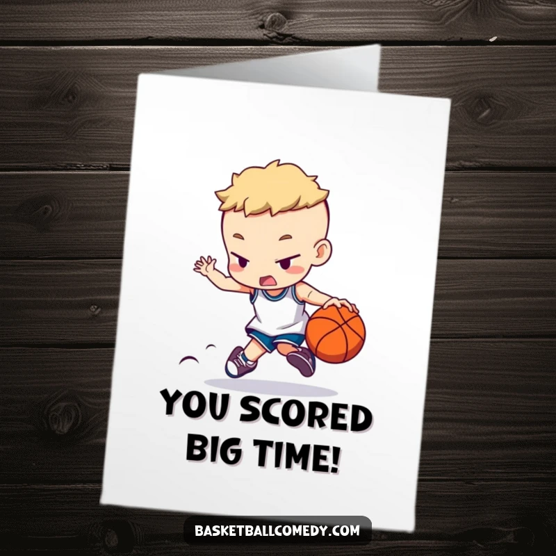 Funny Free Printable Congrats Card featuring a character dribbling a basketball with utmost focus, celebrating success.