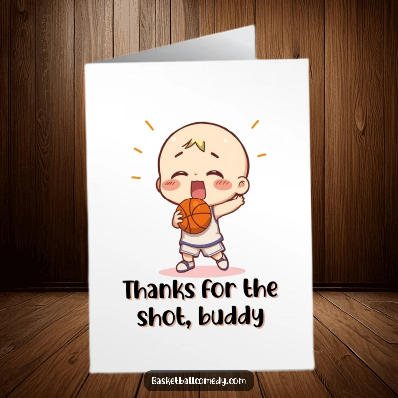 Funny Free Printable Thank You Card: A character misses a basketball shot, sending a humorous thank you with a lighthearted spirit.