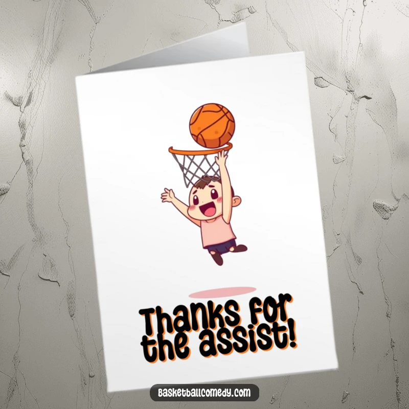 Funny Free Printable Thank You Card featuring a playful character attempting a spectacular basketball dunk to express gratitude.